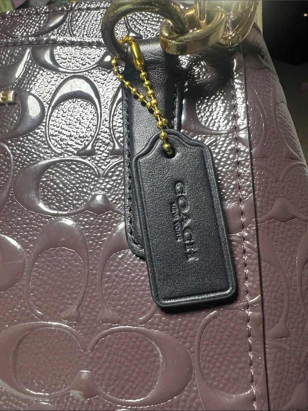 Coach Patent Leather Satchel in Deep Plum with Black Handles